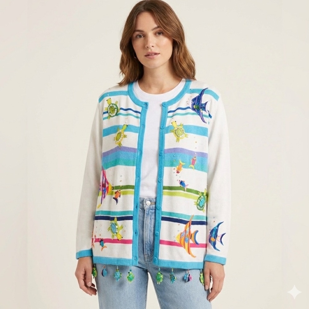 Vintage Just B Fish Turtle Embroidered Beads Cardigan Sweater Large Grannycore